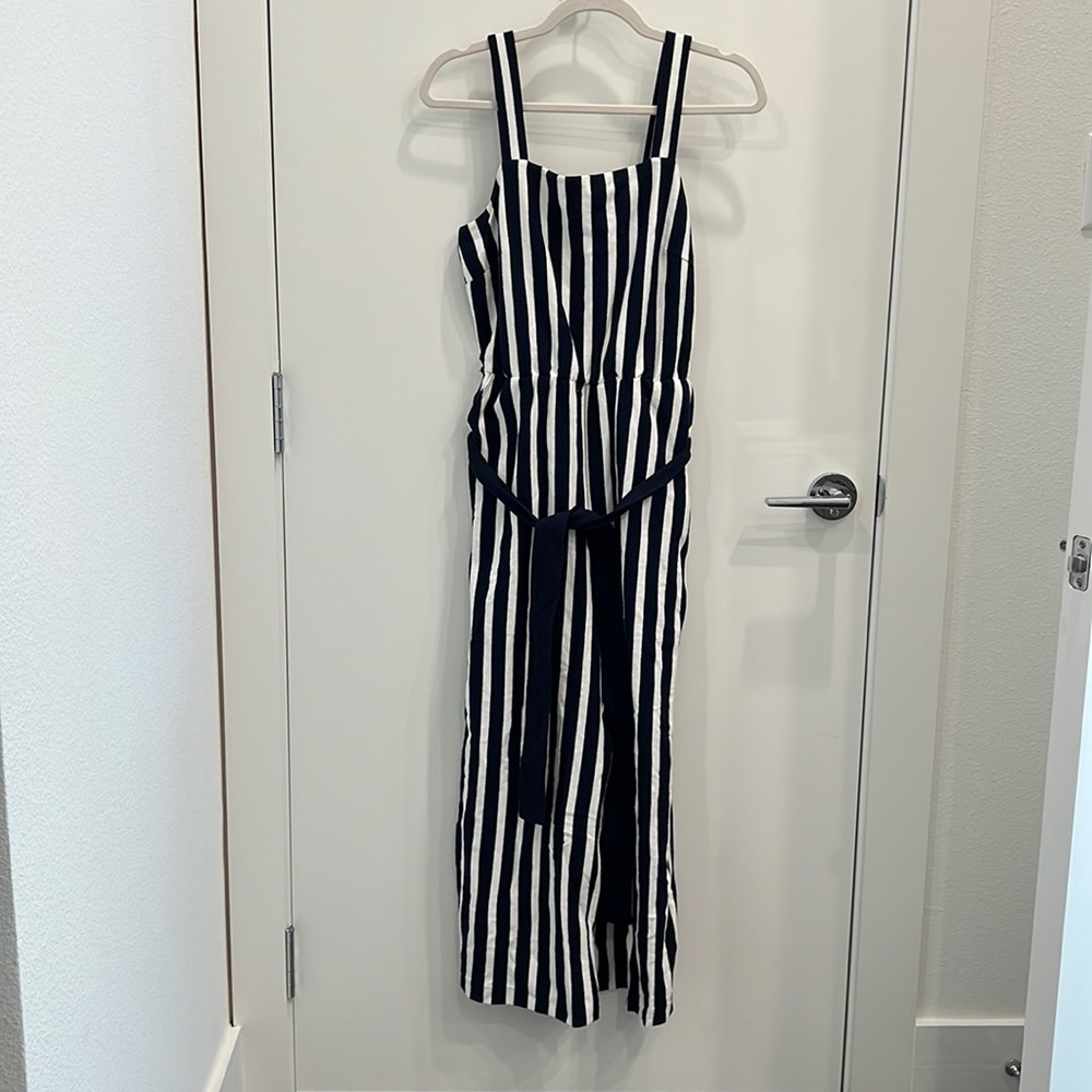 Jcrew white and blue stripe jumpsuit with pockets. Size 2.